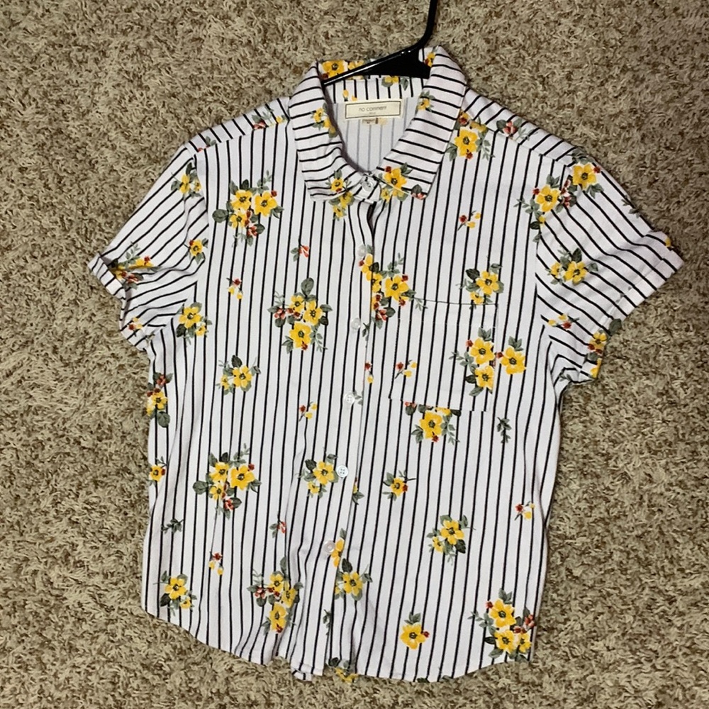 White striped button down shirt with yellow flower pattern.